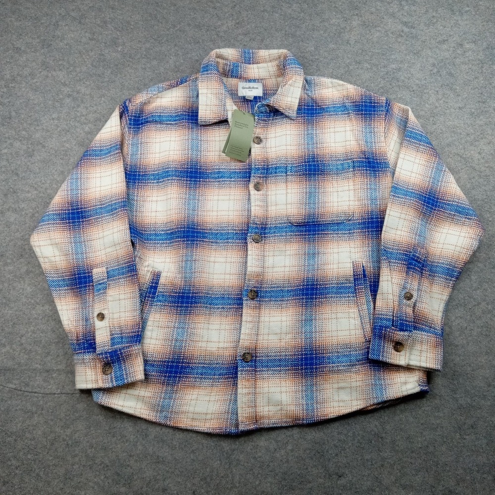 Goodfellow Mens Large Blue Orange Plaid Flannel Button Down Shirt MN17730